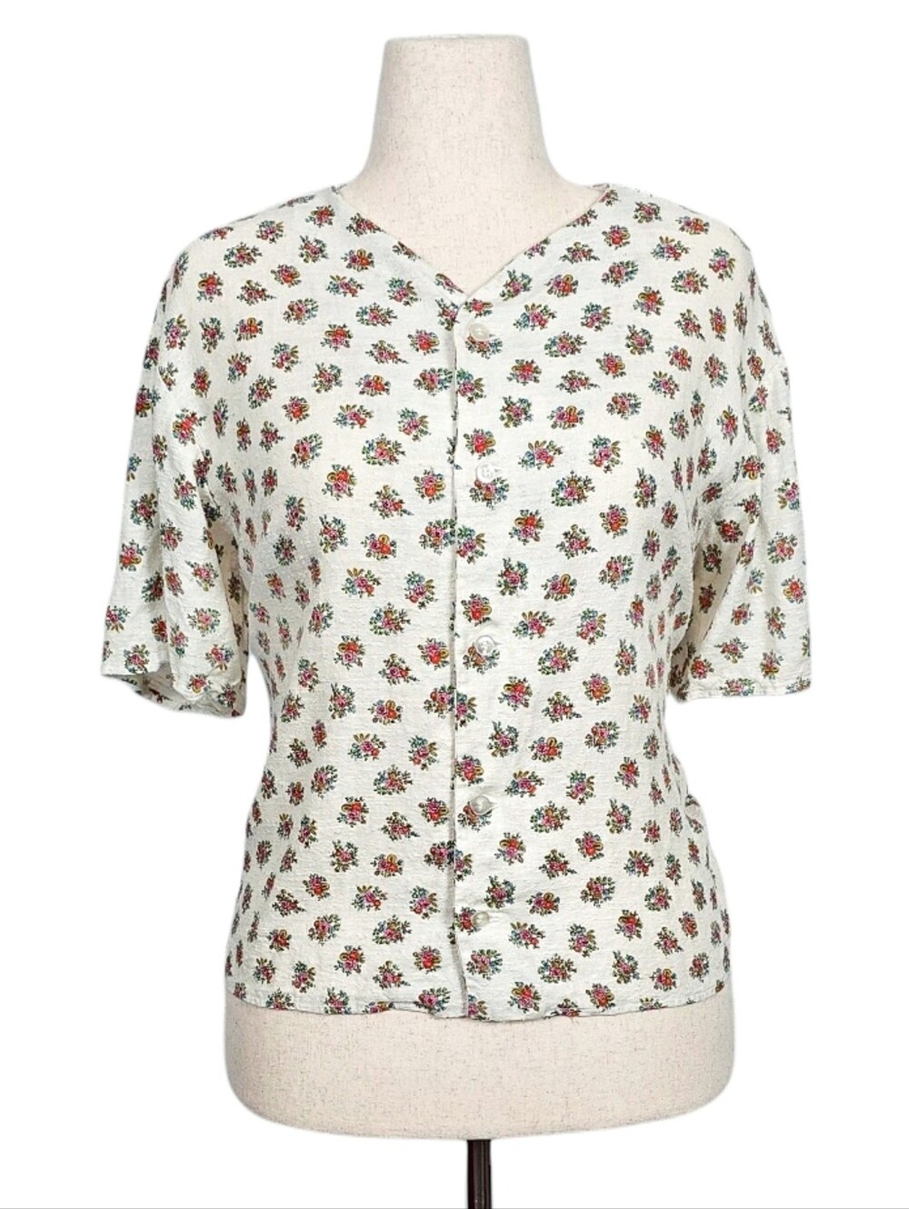 1950s Vintage Blouse 50s Button Down Shirt Novelty Print L XL White Floral Top